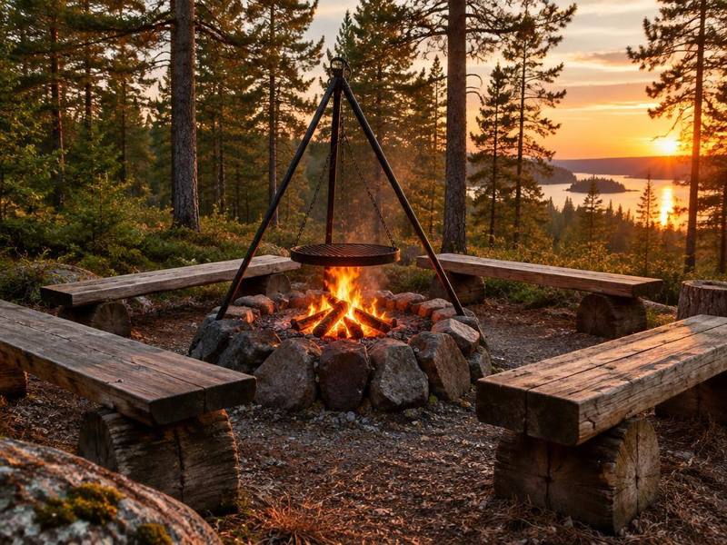 Grillplats med eldstad och bänkar i skogen i solnedgång