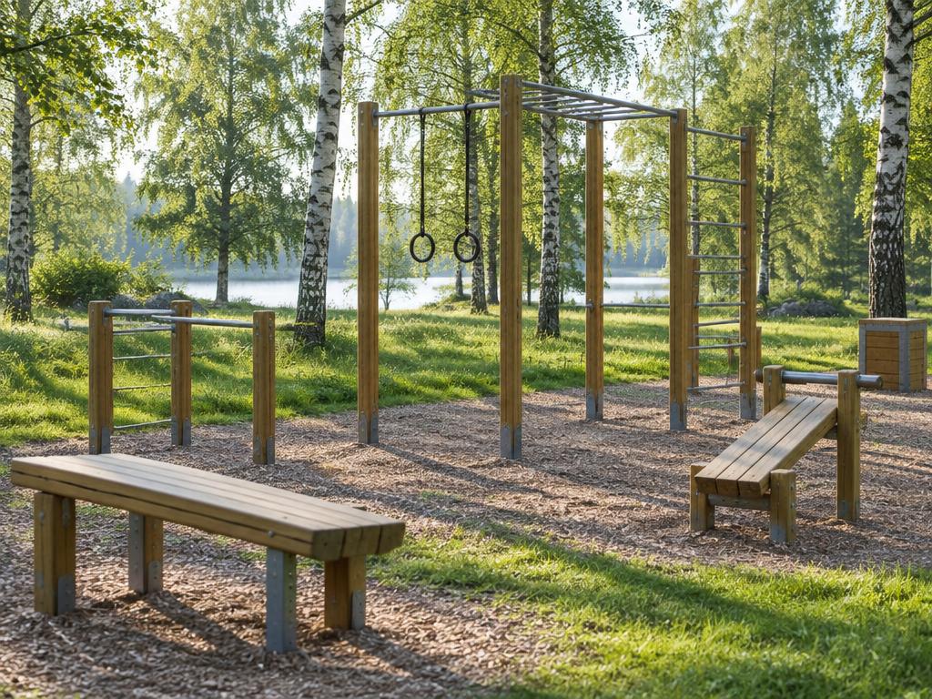 Utegym med träredskap i en grön park vid en sjö