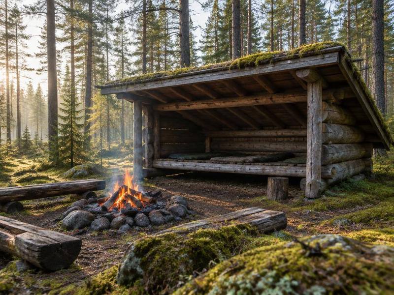Vindskydd i trä med brasa framför i tallskogen