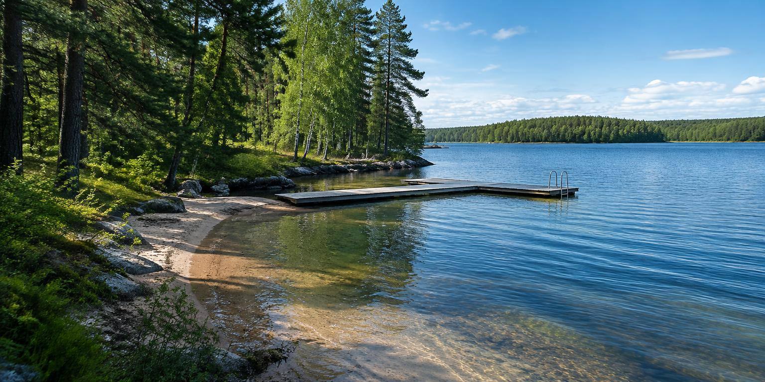 Badbrygga och sandstrand vid en sjö