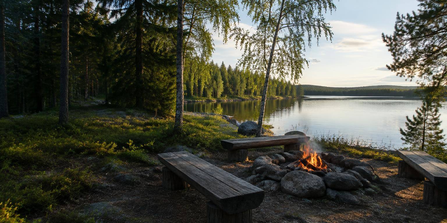 Eldstad med träbänkar vid en skogssjö