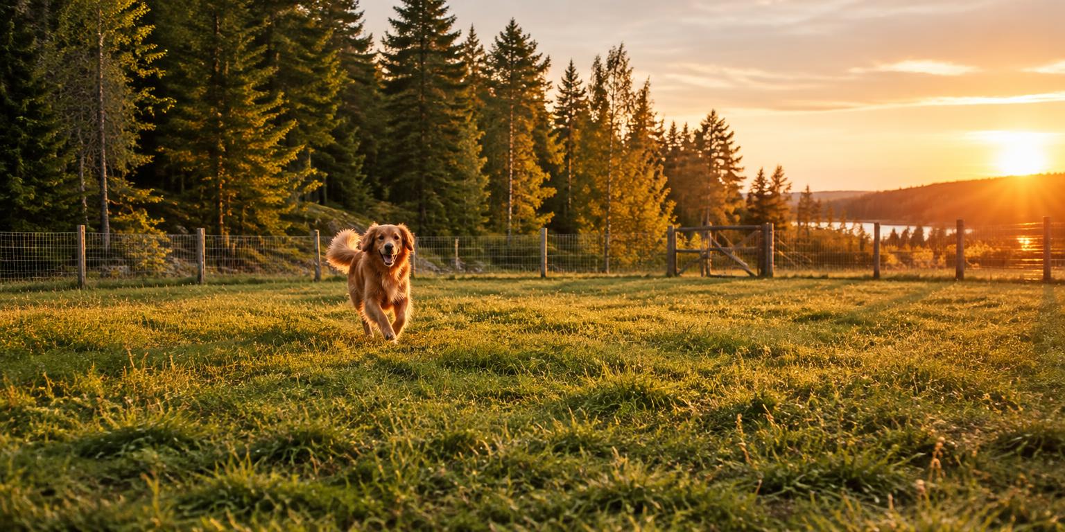 Hund på en hundrastgård vid skogskanten i solnedgång