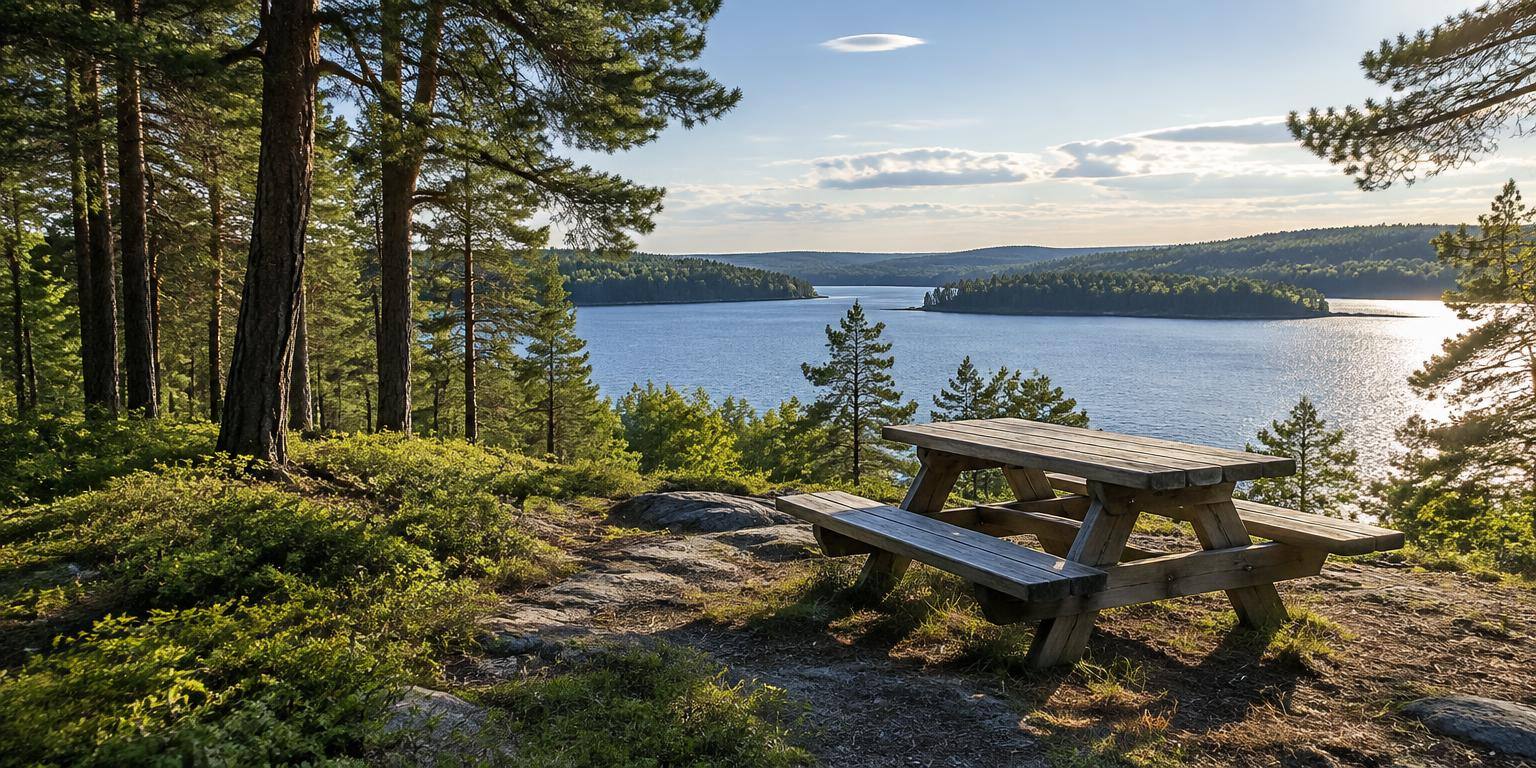 Picknickbord med utsikt över en sjö