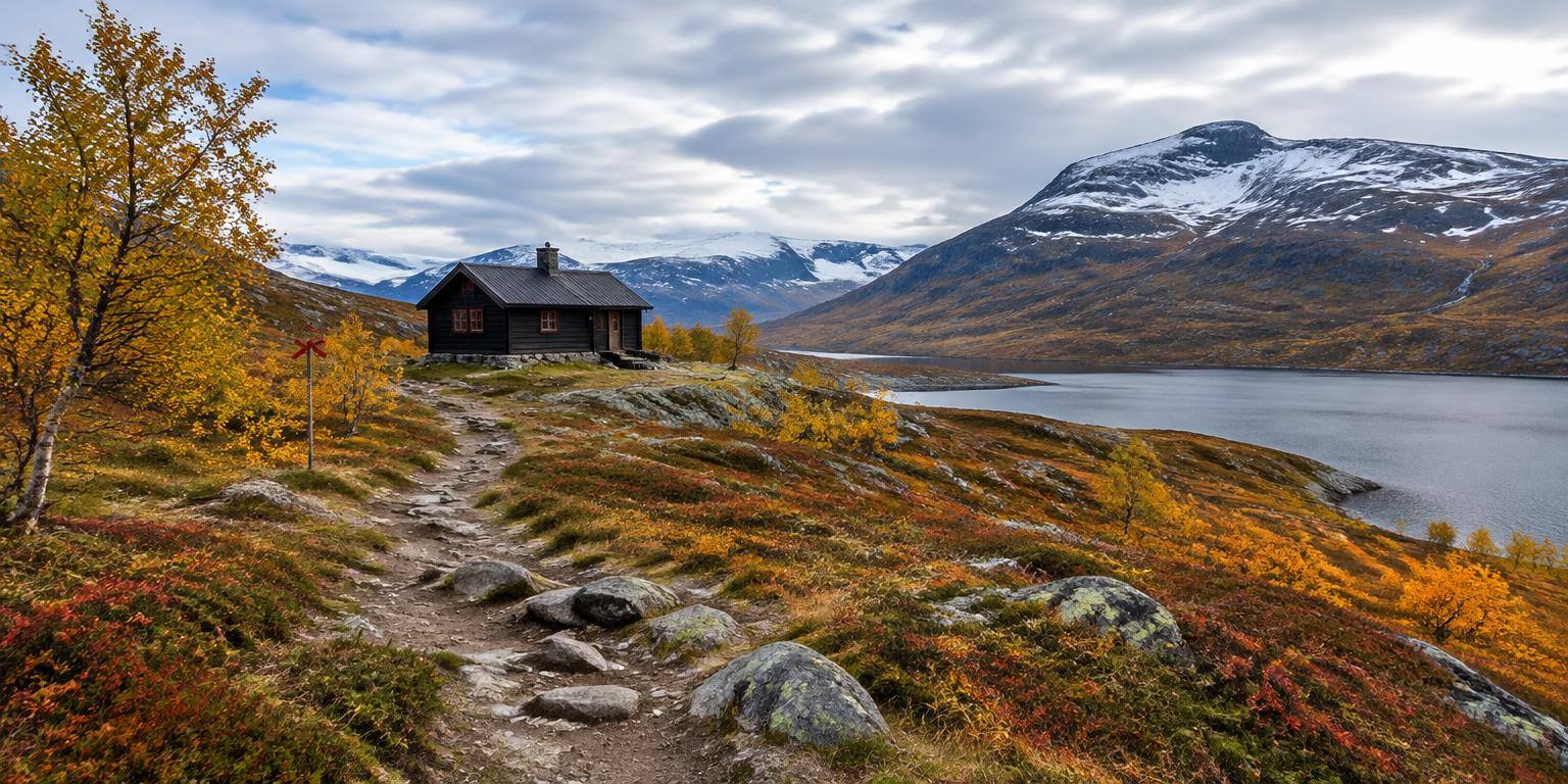 Fjällstuga vid en led i höstfärger