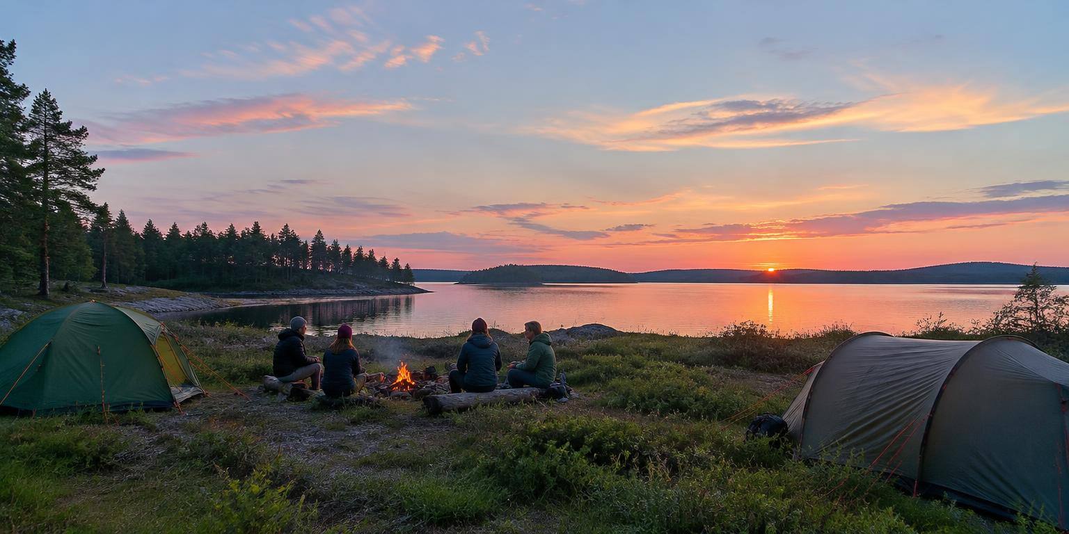 Tält och lägereld vid en sjö i midnattsljus