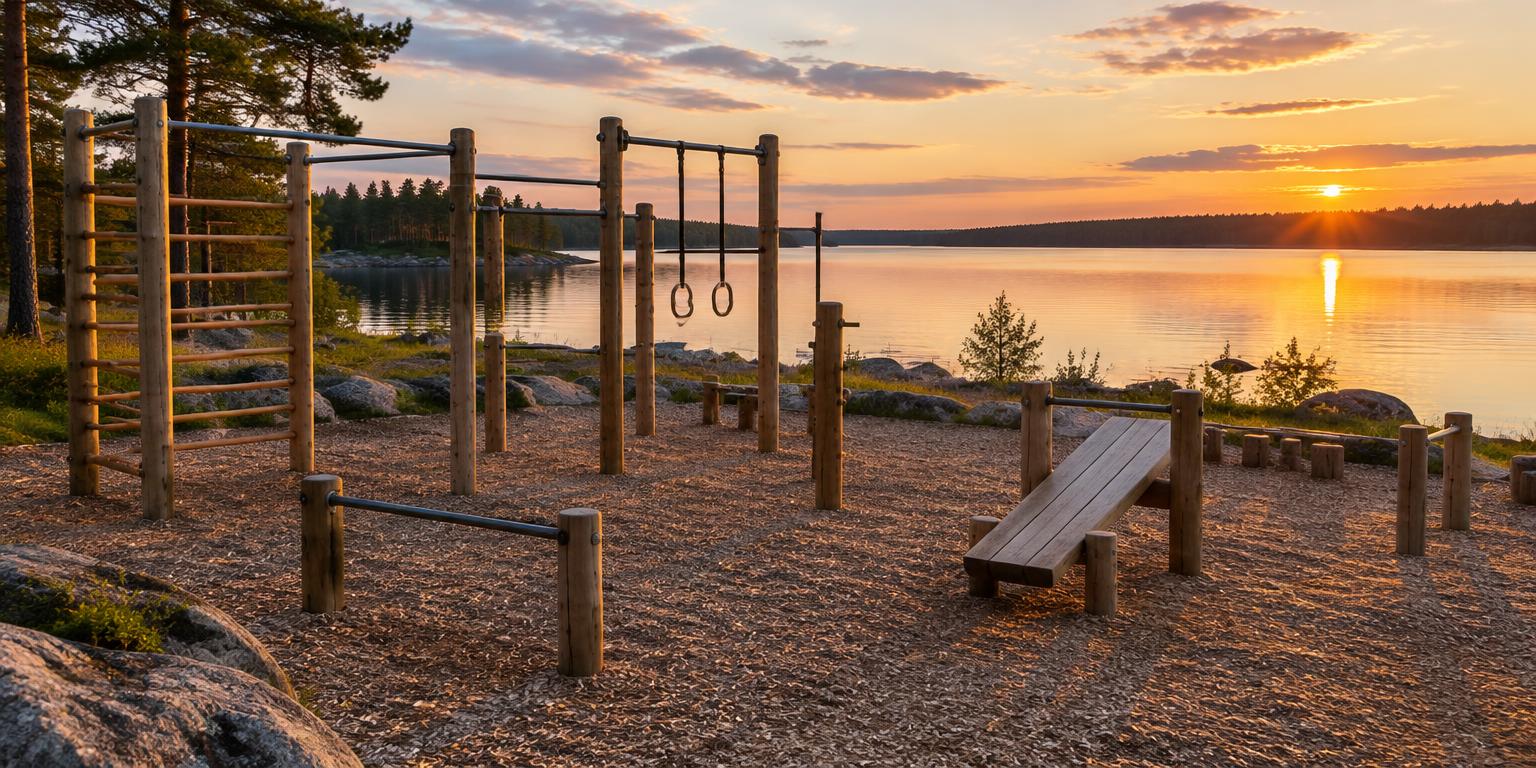 Utegym vid en sjö i kvällsljus