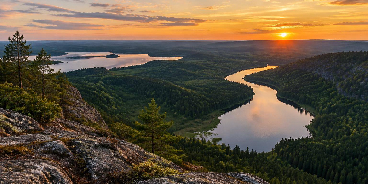Utsikt från en klippa över skogsdal och sjöar