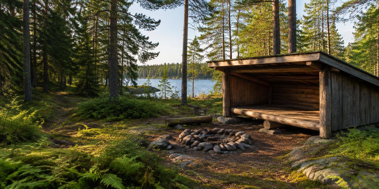 Vindskydd i trä med eldstad i skogen